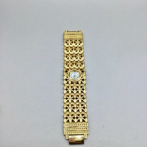 Vintage 90s Xanadu Watch Wide Band Jeweled Gold Tone and Crystals Ladies Watch - Picture 5 of 15